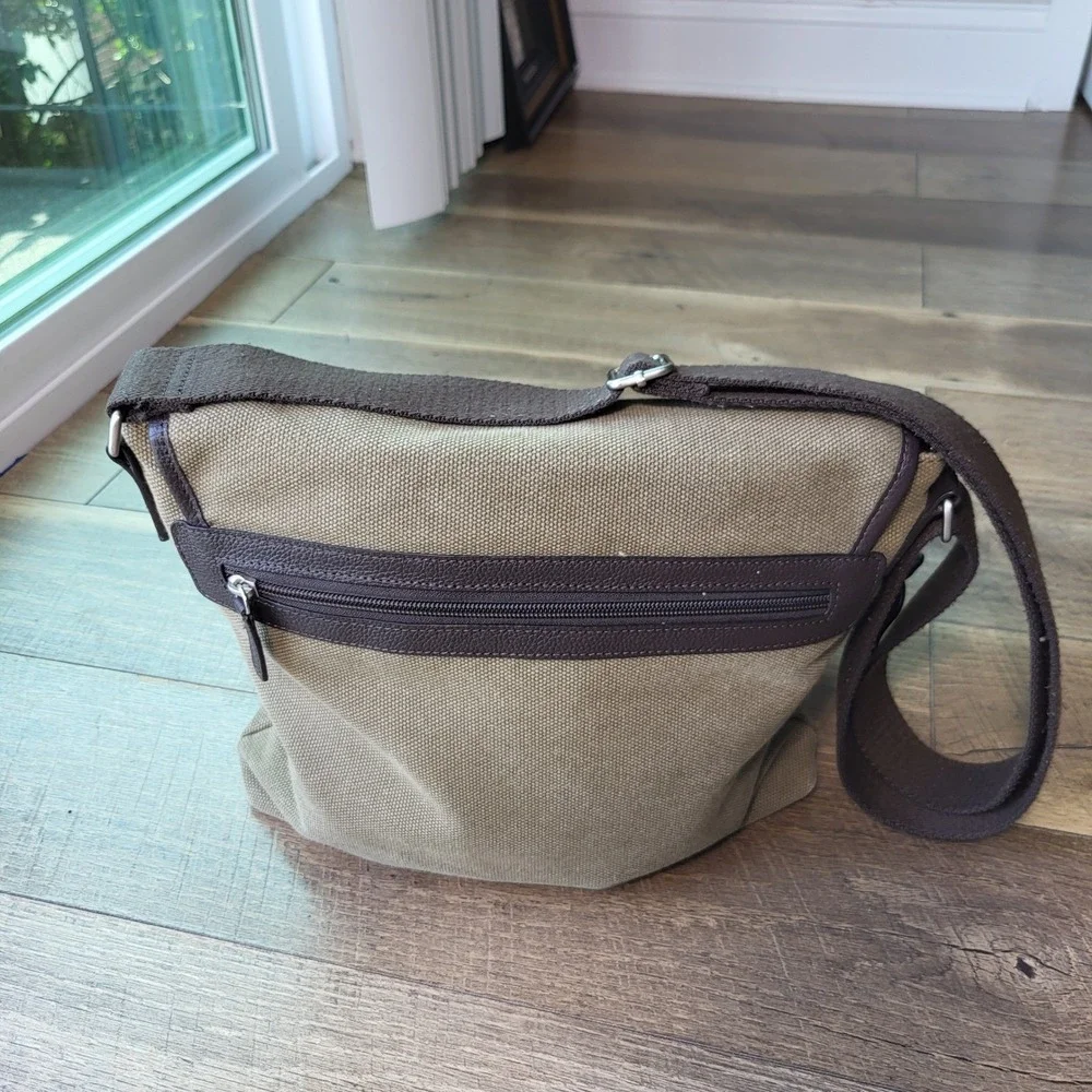 Levenger Olive Green Canvas & Brown Leather Trim Messenger Crossbody Bag